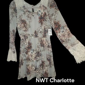 Floral Long Sleeve Dress with Lace Accents